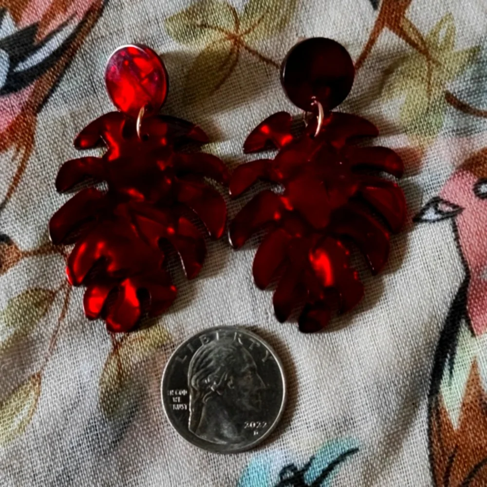 Fiery RED Marbled Acrylic Palm Acetate Monstera Leaf Pierced Earrings NOC Leaves